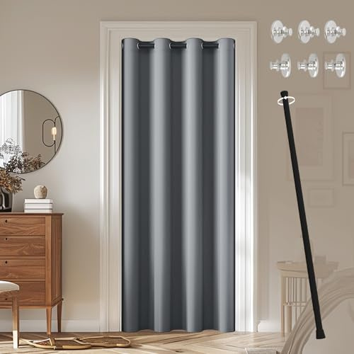 JCyh blickdichter Türvorhang mit Teleskopstange, einfache Montage ohne Bohren, 1 Stück Verdunkelungsvorhang Grau H 195 x B 132 cm für Zimmer tür, Stange Schwarz 70-128 cm