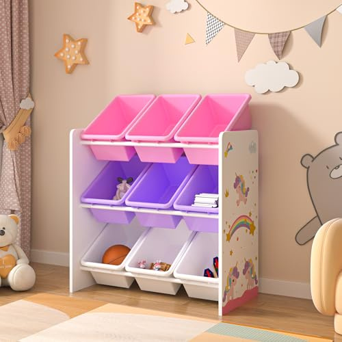 [en.casa] Kinderregal Muxía mit 9 Aufbewahrungsboxen Spielzeugregal mit Einhorn-Motiv Spielregal Weiß Lila Rosa Kinderzimmer Organizer