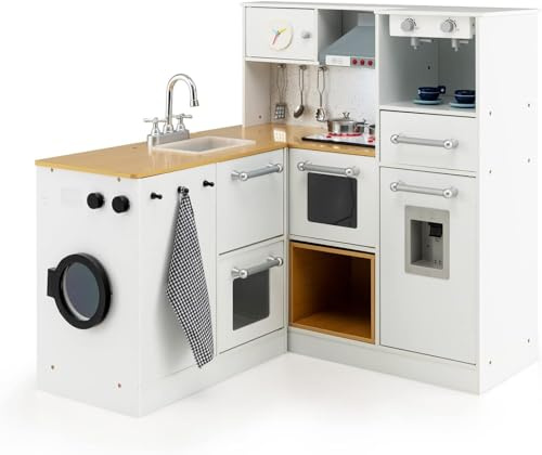 DREAMADE Große Kinderküche mit Licht und Sound, Kinder Küche mit Zubehör Waschbecken Herd Backoffen, Spielküche aus Holz für Kinder ab 3 Jahren