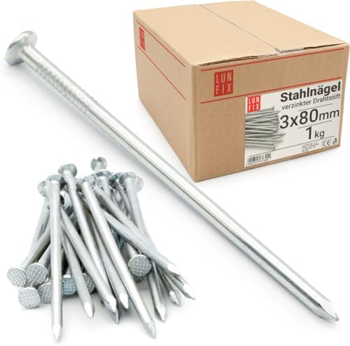 Lun Fix Stahlnägel 3 x 80 mm - 1kg (ca. 220 stk.) Holznägel für Bauarbeiten Verzinkter Baunägel Nägel 80mm lang Drahtstifte Nägel Senkkopf blank verzinkt für Tischlerarbeiten, DIY, crafts