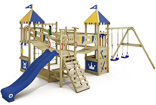 Wickey Kletterturm Smart Queen mit Doppelschaukel, Rutsche blau, Plane blau/gelb – aus Holz, für Kinder im Garten