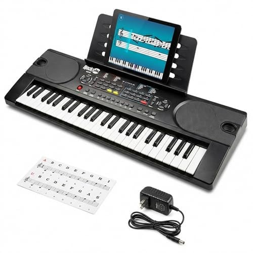 RockJam Keyboard mit 49 Tasten, Netzteil, Notenständer, Notenaufklebern und Simply Piano App