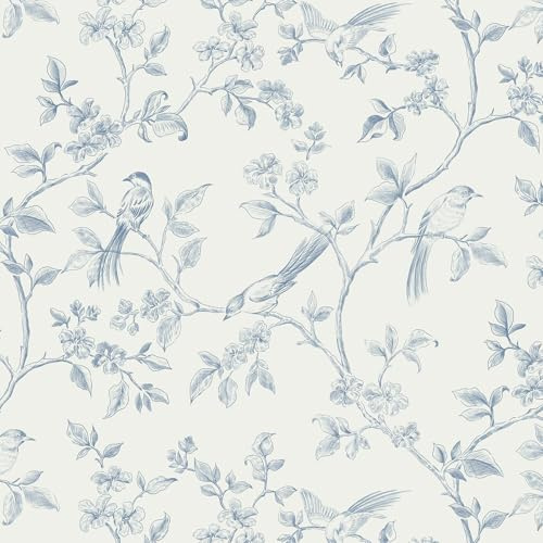Yomshi Selbstklebende Tapete Blau 41×300cm Möbelfolie Blume und Vogel Wandtapete Abnehmbar Vinyl Klebefolie Wasserdicht Dekorfolie für Wohnzimmer Schlafzimmer