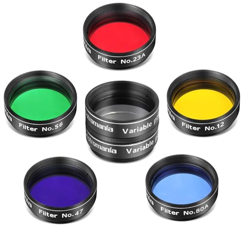 Astromania 3,25 cm Teleskop-Okularfilter-Set (6 Stück), variabler grauer Polarisationsfilter, 5 planetarische Farbfilter – verbessern die Mondplanetenbeobachtung – reduzieren Lichtverschmutzung