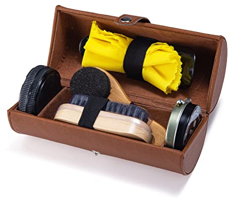 YUET Schuhputzsets Schuhputz-Pflege-Set für braunes, schwarzes Leder mit Polierbürste, Reiseetui, luxuriöse Premium-weiche Pferdehaarborsten, Holzapplikator, Schuhlöffel, 7-teiliges Set