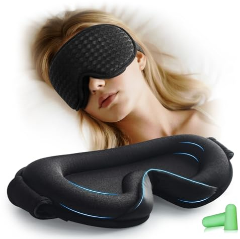 Aosun 3D Schlafmaske für Seitenschläfer, 2025 Upgrade Augenmaske für Frauen & Herren, 100% Lichtblockierend & Atmungsaktiv, Schlafbrille mit Verstellbarem Gummiband & Ohrstöpseln, Reisen, Büro, Yoga