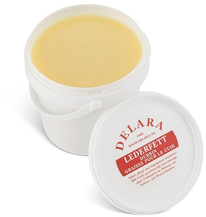 DELARA Hochwertiges Lederfett, nährt, imprägniert und pflegt Schuhe, Taschen, Reitsättel und Möbel aus Leder, Eimer mit 500 ml, farblos - Made in Germany