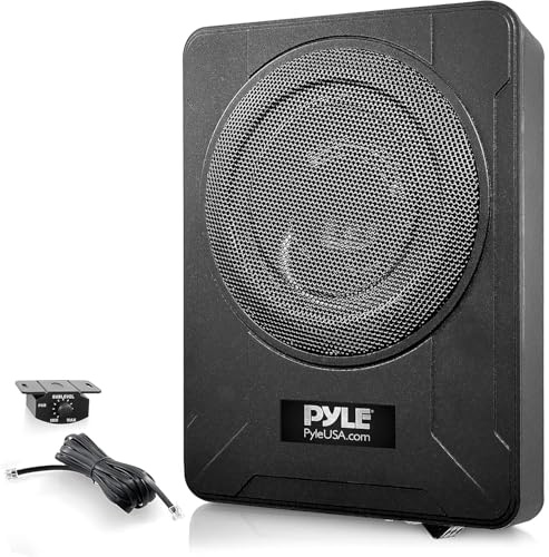 Pyle 600W Untersitz Subwoofer Aktiv – 8 Flacher Auto Lautsprecher mit Verstärker – Car & Marine Speakers mit Variabler Bassboost inkl. Montagematerial & Fernbedienung – Schlankes Design in Schwarz