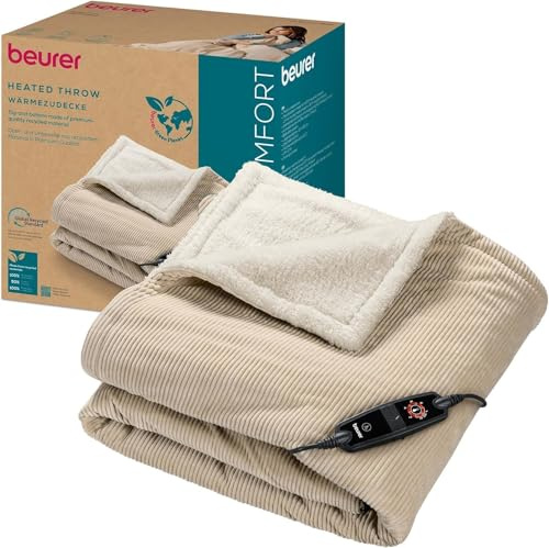 Beurer HD 80 Cord beige Heizdecke, kuschelige Wärmedecke mit 6 Temperaturstufen, recycelte Materialien, mit Abschaltautomatik und Sicherheitssystem, Kuscheldecke aus trendigem, weichem Cord-Stoff