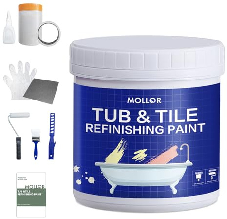 Mollor Badewannenlack Weiß 1kg, Fliesenfarbe Badezimmer Fliesenlack, Hochdeckende, wasserbeständige Badewannenfarbe, Badewannen Reparaturset weiß,ideal für Badewanne, Duschwanne und Waschbecken