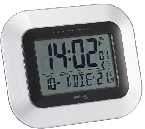 Technoline WS 8005 Funkwanduhr DCF77 Funkuhr mit Innenthermometer | Datum | Wochentag | Mondphase | Wecker mit Snooze | Großes LCD-Display | 12/24h Anzeige | Silber