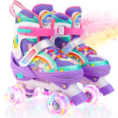 Kinder Einhorn Rollschuhe für Mädchen.Geeignet für 3-6 Jahre alt. Mit Leuchtenden Rädern,4-Pejiijar Verstellbar Anfänger Quad Roller Skates für Weihnachts und Geburtstags Geschenke S(30~33)