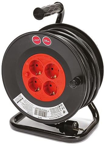 Kabeltrommel 25m, Kabelrolle mit 4 Steckdosen, Kabeltrommel für Indoor mit Kurbel, Überhitzungsschutz, 3200 W, IP20, 230V, Querschnitt 1,5 mm2, Kabeltyp: H05VV-F 3G1,5mm2