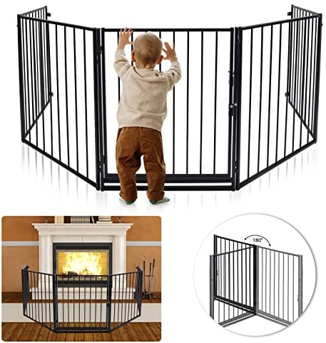 LARS360 Schwarz Kaminschutzgitter inkl. Sicherheitstür aus Metall, 5 Elemente Türschutzgitter Absperrgitter, Faltbar Konfigurationsgitter für Hunde, Kinder Sicherung, 60 x 76 cm Gesamtlänge 305cm