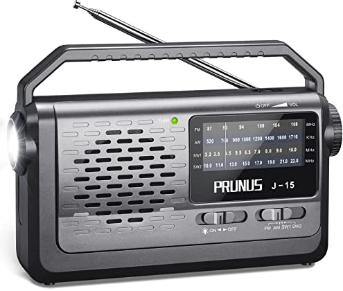 PRUNUS J-15 Kofferradio Weltempfänger Radio UKW/FM/AM/SW, Tragbares Radio Batteriebetrieben oder mit AC-Strom, Radio Klein mit Kabel, 3W Großem Lautsprecher, Taschenlampe für Notfälle.