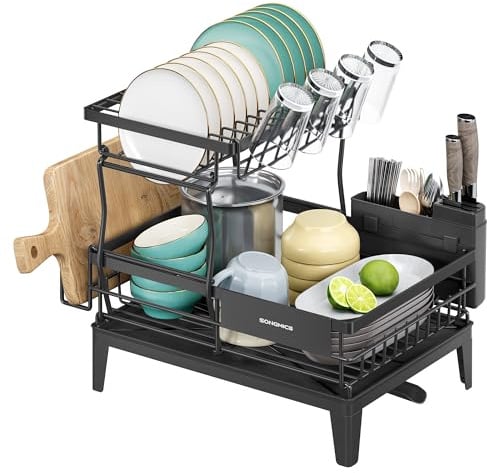 SONGMICS Abtropfgestell Geschirr, 2 stufiger Geschirr-Abtropfständer, 360° drehbarer und ausziehbarer Ablauf, Abtropfschale, Besteckhalter, Küche, 31 x 42 x 36,5 cm, tintenschwarz KCS551BH01
