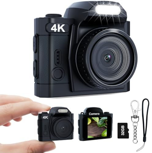 4K Mini Digitalkamera, HD 16MP Kamera 1,5-Zoll-IPS-Farbbildschirm，Portabler Videorecorder mit Monoreflex-geformtem CMOS-Sensor, 32GB Speicherkarte