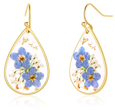 Ohrringe mit gepressten Vergissmeinnicht-Wildblumen | Schmuck aus gepressten Blüten | Handgefertigte Hängeohrringe | Muttertag | Geschenk für Frauen