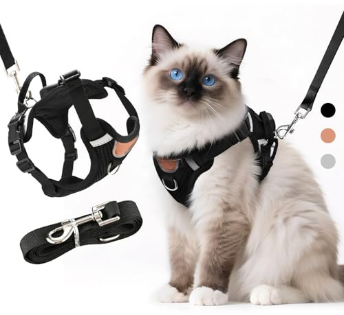 LUOJINYI Verstellbares Katzengeschirr mit Leine Ausbruchsicher, Katze Brustgeschirr mit Reflektierend Streifen & Atmungsaktiv Netzgewebe, Softgeschirr für Katzen Kätzchen Welpen(Schwarz, S)