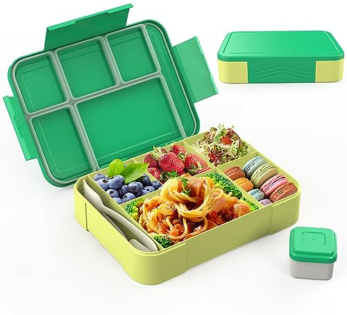 Brotdose Kinder mit Fächern 1330ml, Auslaufsichere BentoBox mit 5 Fächern | Lunch Box für Kindergarten, Schule, Picknick, Ausflüge, Grün