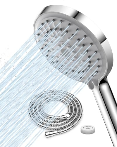 FASDUNT Duschkopf Wassersparend mit 2M Schlauch, Hochdruck Handbrause | 49% Wasserersparnis, 5 Strahlarten, Duschbrause mit 9,5 L/min Durchflussbegrenzer, 200% höherer Wasserdruck, Antikalk, Silber