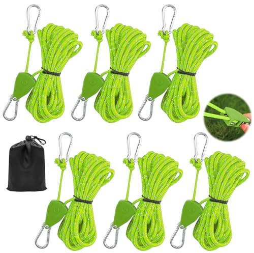 6 Stück Seilratsche mit Haken, 4 MM Verstellbarer Seil Ratsche, 4 M Abspannseile mit Seilspanner, Reflektierende Abspannseile Camping für Outdoor, Zelte