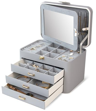 KAMIER Schmuckkästchen für Damen, große Schmuckschatulle mit 4 Ebenen, Schmuckbox mit Spiegel und Schloss, Griff Schmuckkästchen für Ringe, Ohrringe, Halsketten, Armbänder