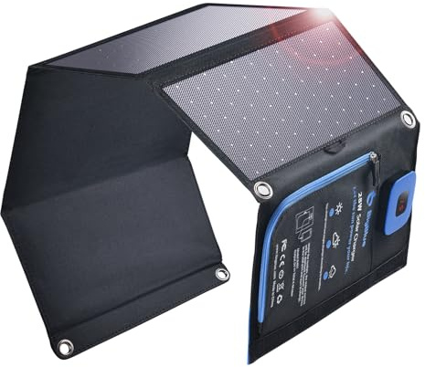 BigBlue 28W Tragbares Solar-Ladegerät mit 2 Ports (USB-C/USB-A), 5V/4A Gesamtausgang, IP44 Solarpanel mit Digital Amperemeter und Reißverschluss-Schutz für Geräte wie iPhone, Android, GoPro und mehr
