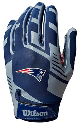 Wilson AD NFL Stretch Fit Football-Handschuhe, Hervorragende Passform und sicherer Grip, Aus atmungsaktivem Material, Optimale Performance, Team: New England Patriots, Blau/Rot, Erwachsenengröße