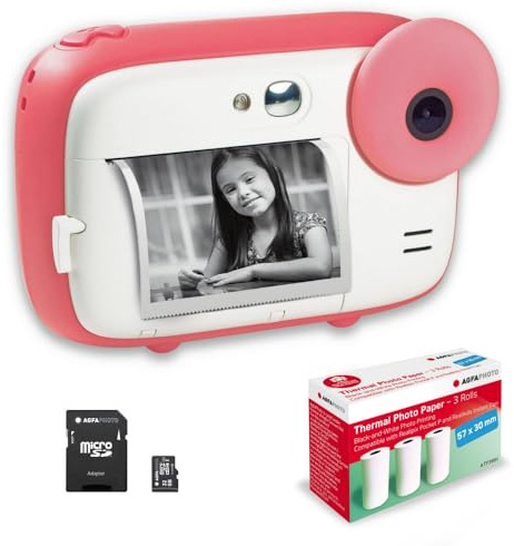AGFA Photo Realikids Instant Cam + 1 Micro-SD-Karte 32 GB + 3 Rollen Thermopapier ATP3WH – Sofortbildkamera für Kinder, LCD-Display 2,4 Zoll, Selfie-Spiegel und Fotofilter – Rosa
