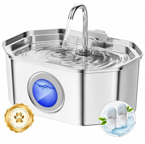 Apauk Katzenbrunnen, Trinkbrunnen für Katze, Trinkbrunnen Edelstahl, Ultraleiser Trinkbrunnen für Katze und kleine Hunde,mit LED-Fenster, S -3.2L Große Kapazität (A-2 Filter & 2 Schwämme)