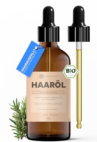 BIO Haaröl + Rosmarinöl, Rizinusöl & Arganöl: Haarkur, Haare & Kopfhaut | Kaltgepresst mit Mandelöl, als Haarmaske vor der Wäsche, für Längen, Spitzen & Kopfhautmassage, ohne Silikone & Parabene