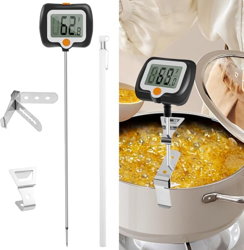 Zuckerthermometer Digital 25cm,Thermometer Kochen mit Topfklammer,Sofortiger Anzeige,Bratenthermometer mit Edelstahlsonde und 180° Drehbarem LCD-Display,für Schokolade Cremes,Saucen,Marmelade,Sirups