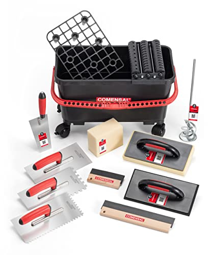 COMENSAL Fliesenwaschset - 15-teiliges Fliesenleger Waschset XL - 24L - Profi Fliesen Waschset - mit Räder - Rollenaufsatz - Gitter - Glättekelle - Hydroschwamm - Reibebrett - Made in EU