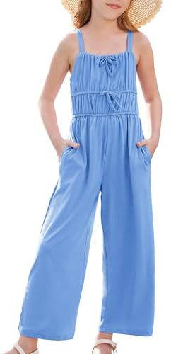 GRACE KARIN Mädchen Jumpsuits Kinder Mode Sommer Overall Casual Sport Jumpsuit Blau 12-14 Jahre