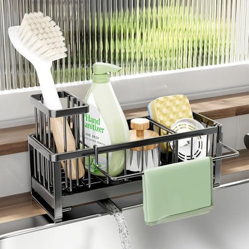 SWTYMIKI Spülbecken Organizer Küchen Schwammhalter – 360° Abtropfgestell Spüle Organizer mit Abnehmbarer Bürstenhalter & Geschirrtuchhalter, Spülmittel Organizer Edelstahl Küchenaufbewahrung