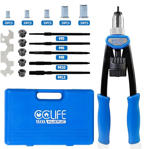 CCLIFE Nietmutternzange Profi Nietmutternzange Set inkl. 150 Gewinde Nietmuttern aus Stahl in M5 M6 M8 M10 M12
