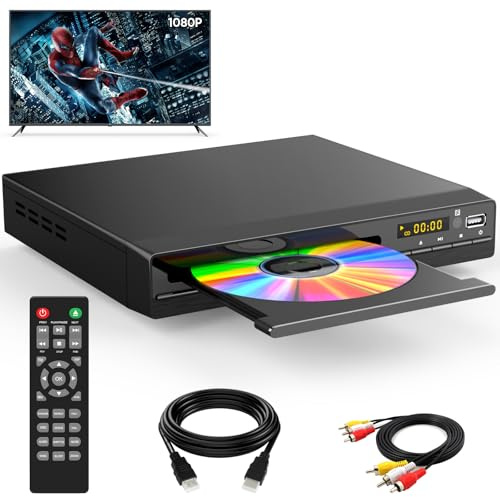 HDMI DVD Player | Unterstützt 1080P, USB, CD | Regionenfreier DVD Spieler für Fernseher | Mit HDMI-Kabel, RCA-Kabel und Fernsteuerung
