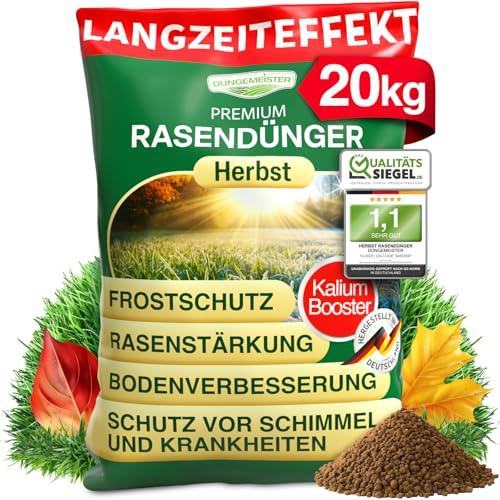 DÜNGEMEISTER Herbst Rasendünger – mit Langzeitwirkung und KaliumschutzPlus Formel für extrem winterfesten, sattgrünen Rasen! Perfekte Widerstandsfähigkeit gegen Frost & Krankheiten (20kg)