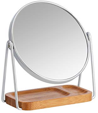 Amazon Basics Rund, Tischplatte Montage Kosmetikspiegel mit rechteckiger Bambus-Ablage, Vergrößerung 1-fach/5-fach, Chrom, 18.3L x 8.5W cm