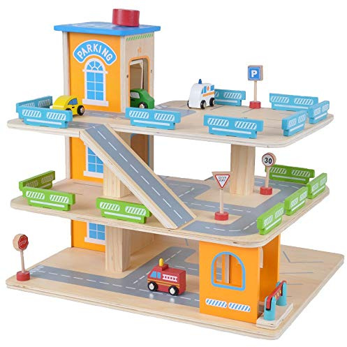 Bandits & Angels Holzspielzeuggarage Bandits Parkerlebnis mit 3 Etagen und Aufzug – inklusive 4 Autos – Spielzeugautogarage aus Holz