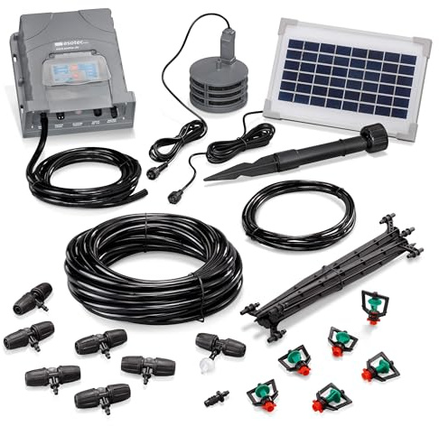 esotec Solar Bewässerungssystem WaterSprinkle Sprinklerbewässerung 101121 | Solar-Bewässerungssystem 6 Sprinkler, 2 Bewässerungszyklen täglich, 0,5–8Min, 3,5Wp, Wasserstandssensor, NiMH Akku wechselbar