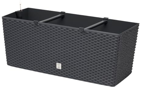 Blumenkasten Schwarz Balkonkasten Rattan Optik Pflanzkasten Bewässerung Wasseranzeiger