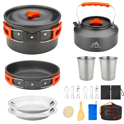 THTYBROS 17-teiliges Camping-Kochgeschirr-Set, hart eloxiertes Aluminium-Topf-Pfanne-Kessel mit 2 Edelstahl-Tassen, Teller, Besteck für Outdoor-Wandern, Rucksackreisen, Picknick