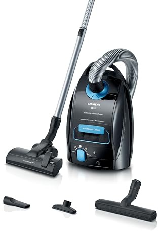 Siemens Staubsauger mit Beutel Q5.0 Extreme silencePower VSQ5X1232, für Allergiker, Hygiene-Filter, Starke Saugleistung auf Parkett, Teppich und Fliesen, langes Kabel, Made in Germany, 850 W, schwarz