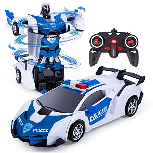 Thedttoy Transformator Ferngesteuertes Auto für Jungen,RC Polizeiauto ab 4+ | Spielzeugauto Transform Auto Robot mit Fernbedienung,Kinder Spielzeug Geburtstag Geschenke ab 4 5 6 7 8 9 10 Jahre (Weiß)