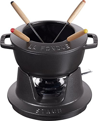 STAUB Fondue Set mit 4 Gabeln, Gusseisen, 16 cm, 1,1 l, Für Käse- Schoko- und Fleisch-Fondue, Made in France, Schwarz