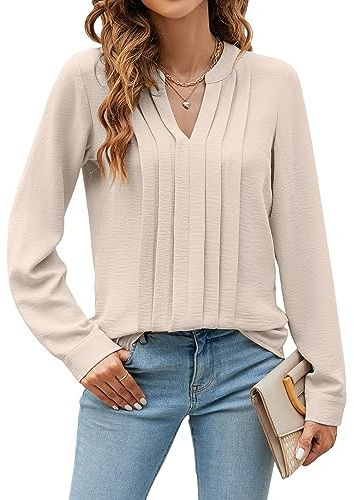 Blooming Jelly Damen Bluse Business Outfit Shirt Langarm Elegant V Ausschnitt Oberteil Aprikose L
