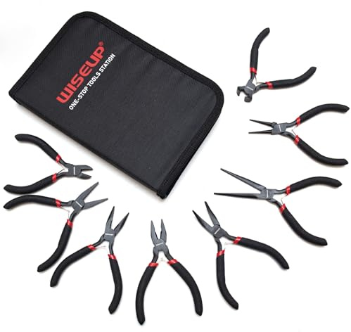 WISEUP 8-teiliges Mini-Zangen-Set, Nadel, rund, flach, lang, gebogene Nase, diagonal, Endschneiden, Linesman-Zangen zum Basteln, Elektronik und Schmuckherstellung, mit Tasche