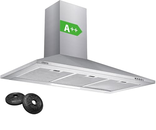 CIARRA CBCS9201 A++ Dunstabzugshaube 90 cm Umluft Abluft 370m³/h mit CBCF002X2 Aktivkohlefilter 3 Leistungsstufen Silber Edelstahl Pyramide Wandmontage Wandhaube Abzugshaube